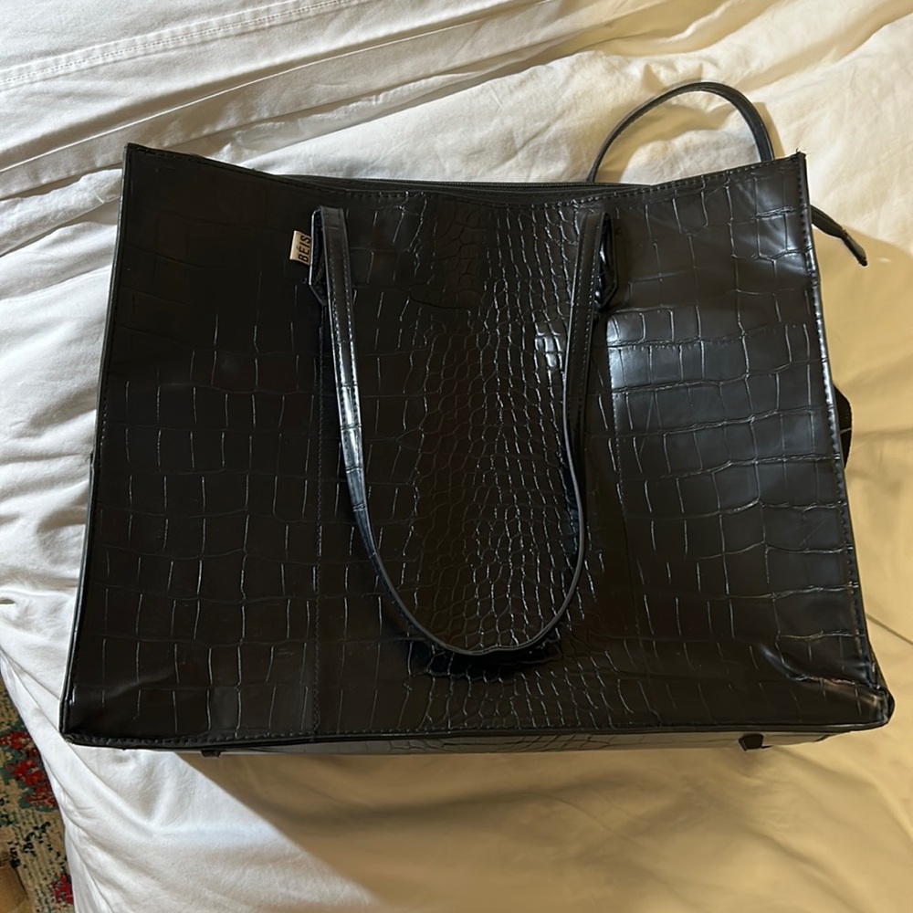 BEIS Black Croc-Embossed Tote Bag